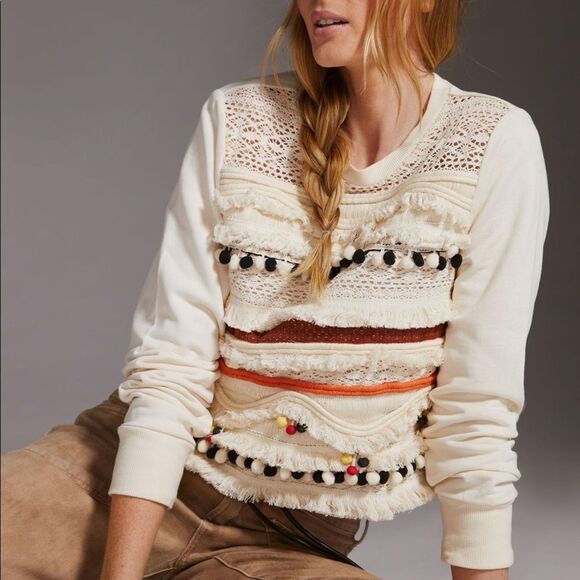 NWT Anthropologie Flower That Girl Fringed Sweatshirt Large #069 - Picture 1 of 6